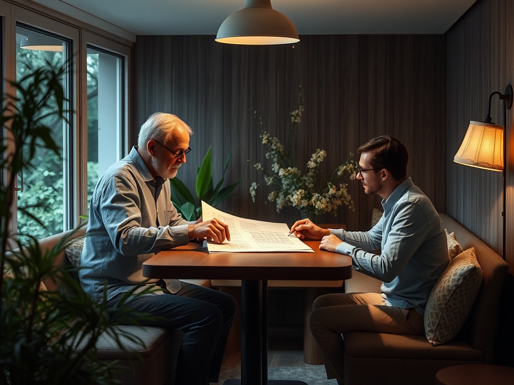 Два человека обсуждают чертежи за столом в уютной комнате с зеленым растением рядом.