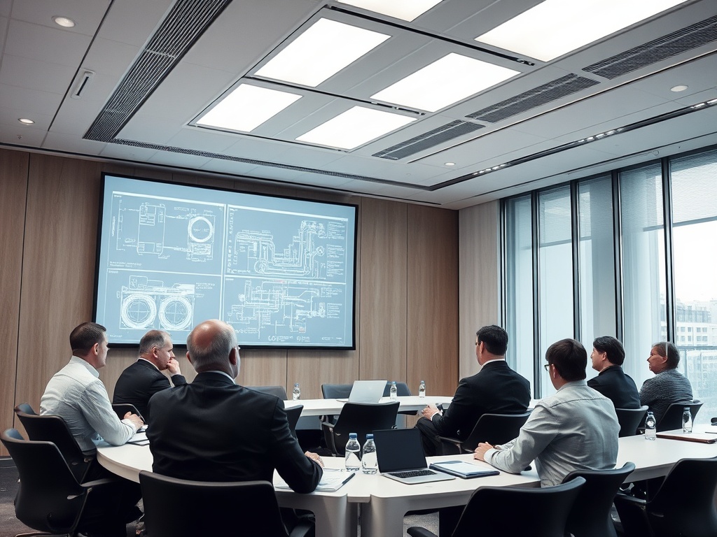 Группа людей в конференц-зале смотрит на проектор с техническими чертежами. Стильное офисное пространство.