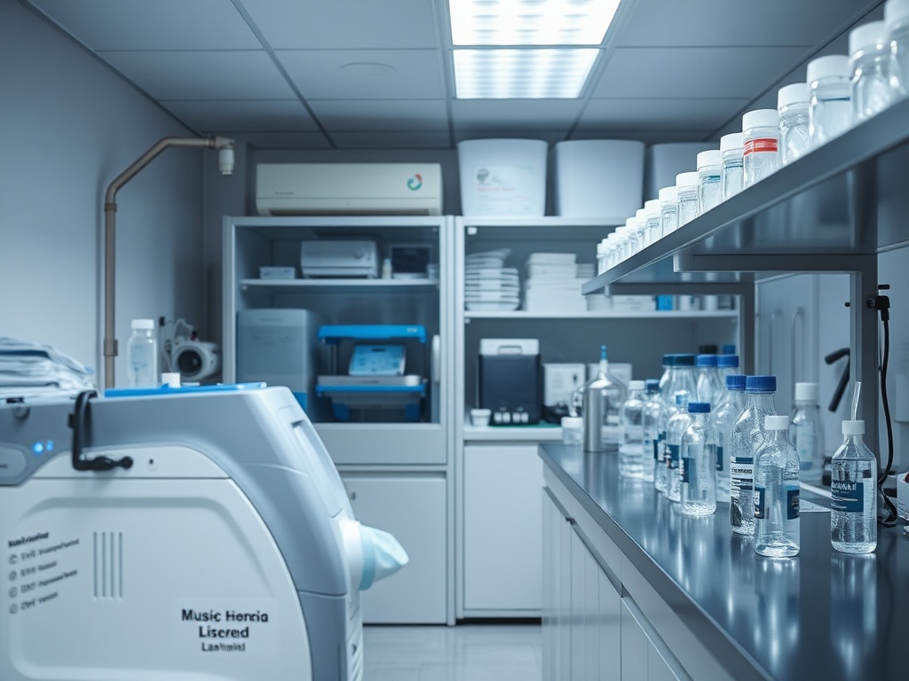 Современный медицинский кабинет с оборудованием и многочисленными бутылками на столе.