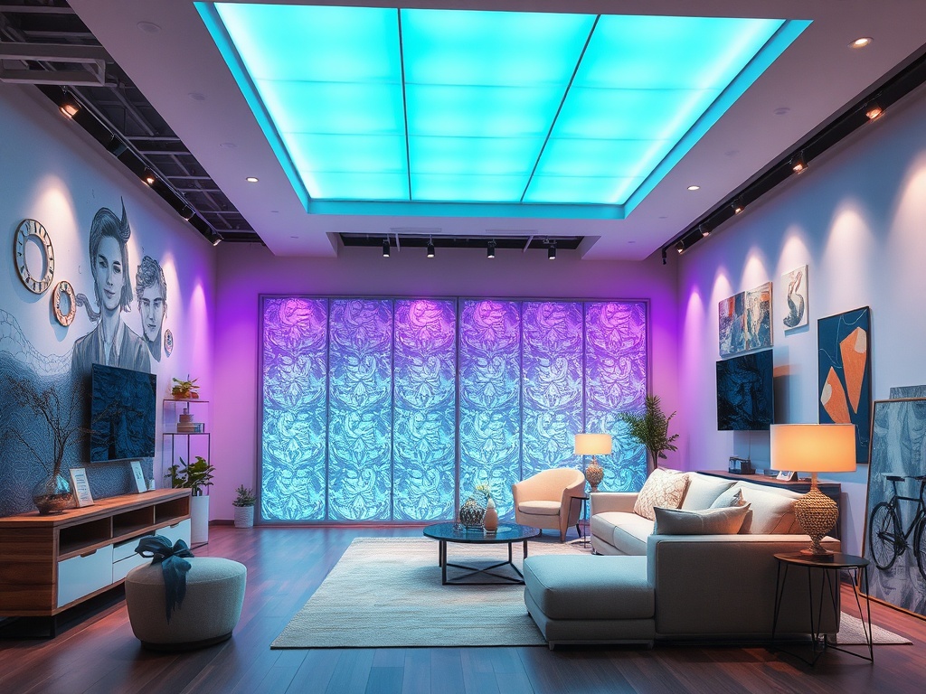 Современный интерьер гостиной с ярким освещением и декоративными элементами на стенах. уютная атмосфера.