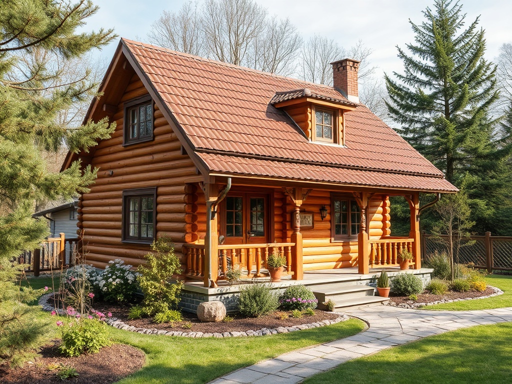 Деревянный дом с красной крышей, окруженный ухоженным садом и зелеными деревьями. Тихое и уютное место.