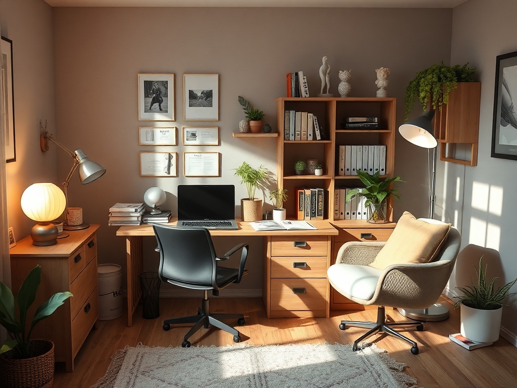 Уютный домашний офис с деревянной мебелью, растениями и ярким освещением. Стол, компьютер и кресло.