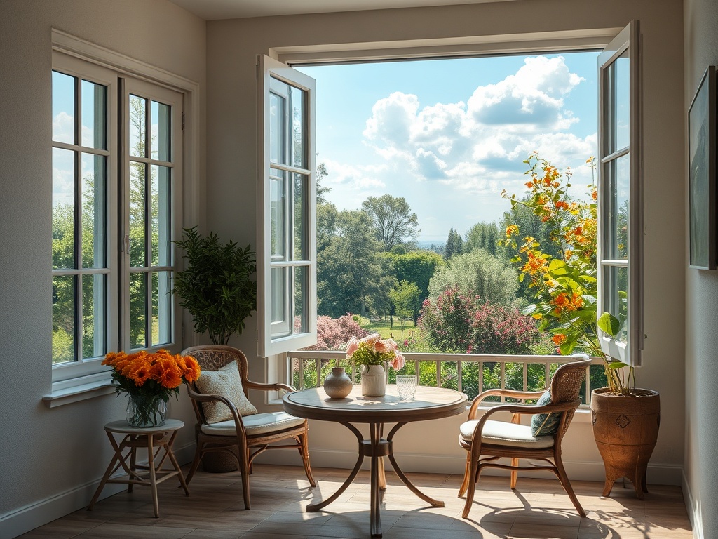 Светлая комната с окном, открывающим вид на зелень и цветы, уютная мебель и цветочные композии на столе.
