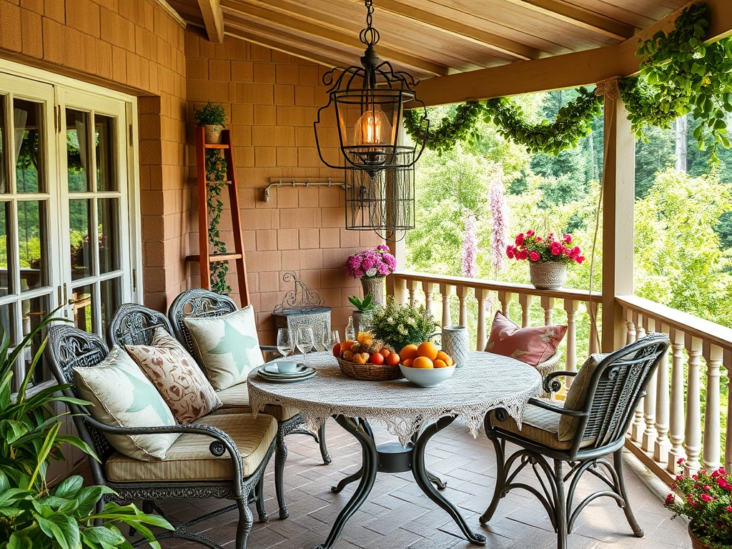Уютный балкон с столом, стульями и фруктами, окружённый зеленью и цветами. Идеальное место для отдыха.