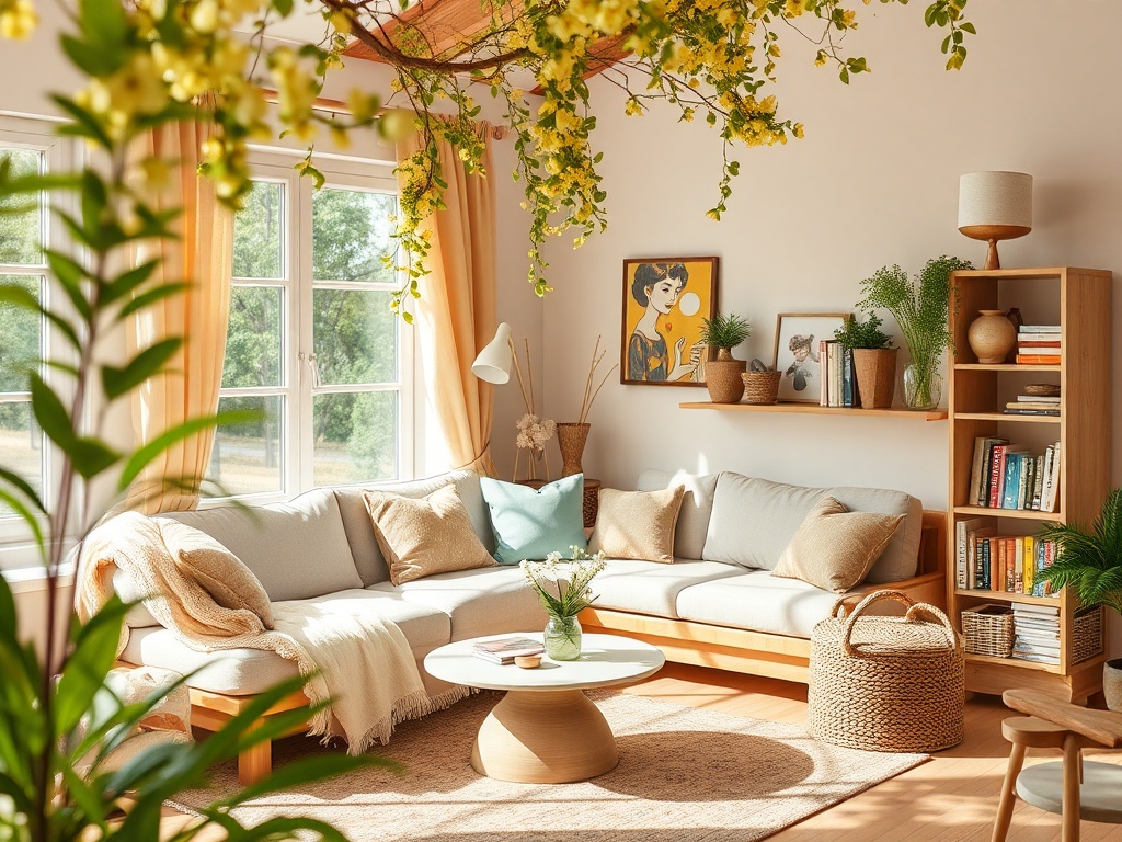 Светлая гостиная с уютным диваном, книгами, растениями и оформлением в теплых тонах.