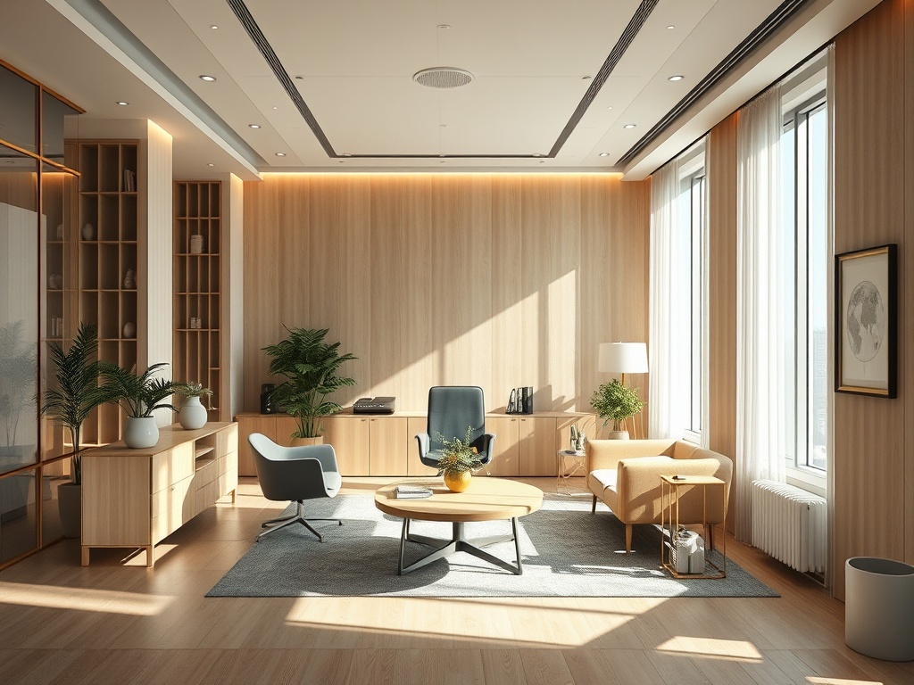 Современный офис с деревянными стенами, стильной мебелью и большими окнами, наполняющими пространство светом.