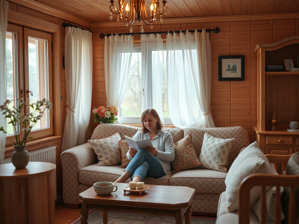 Женщина читает в уютной комнате с деревяными стенами и большим окном. На столе чашка и предметы декора.