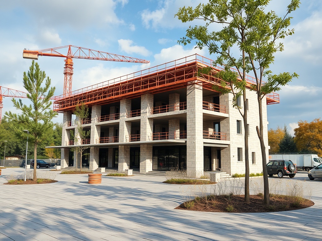 Здание в процессе строительства с кранами и зелеными насаждениями вокруг. Спокойная городская обстановка.