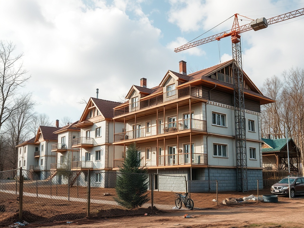 Строящийся многоквартирный дом с краном на фоне облачного неба и леса, вокруг ограждение и участок без зелени.