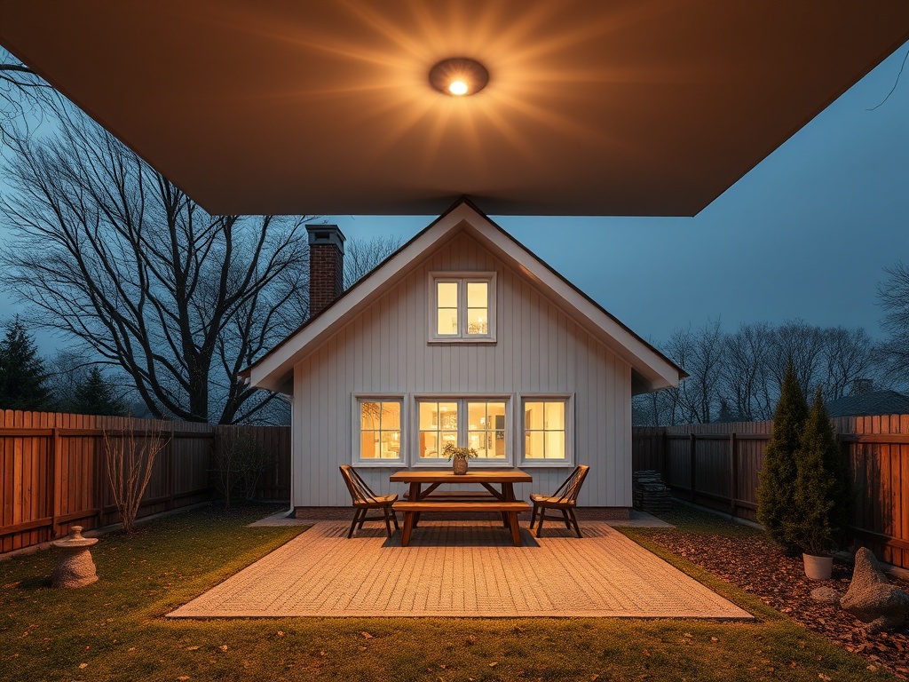 Уютный дом с освещёнными окнами, садовой мебелью и окружением деревьев в вечернем свете.