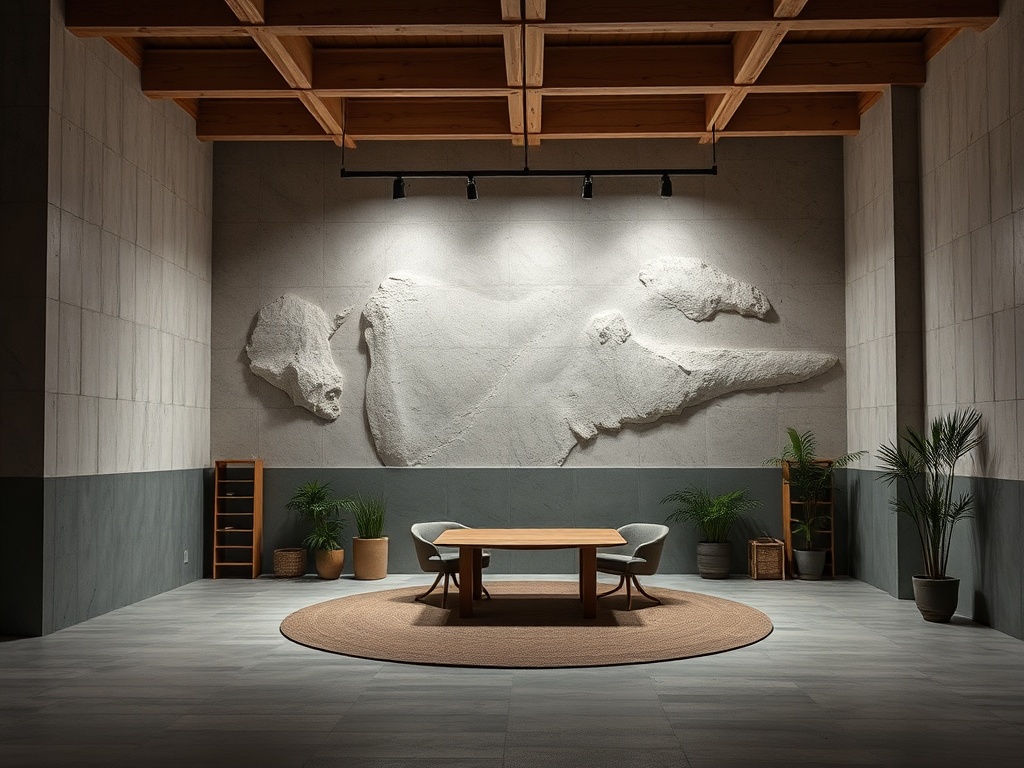 Современное помещение с деревянными покрытиями, круглым ковром и индивидуальным дизайном стен.