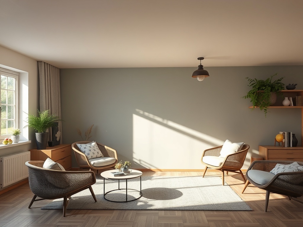 Светлая комната с креслами, столиком и полками, украшенная растениями и фруктами. Тёплая атмосфера.