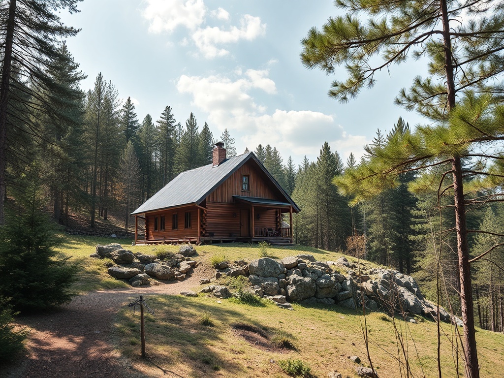 Деревянный дом на склоне холма, окруженный зелеными деревьями и камнями, под голубым небом.