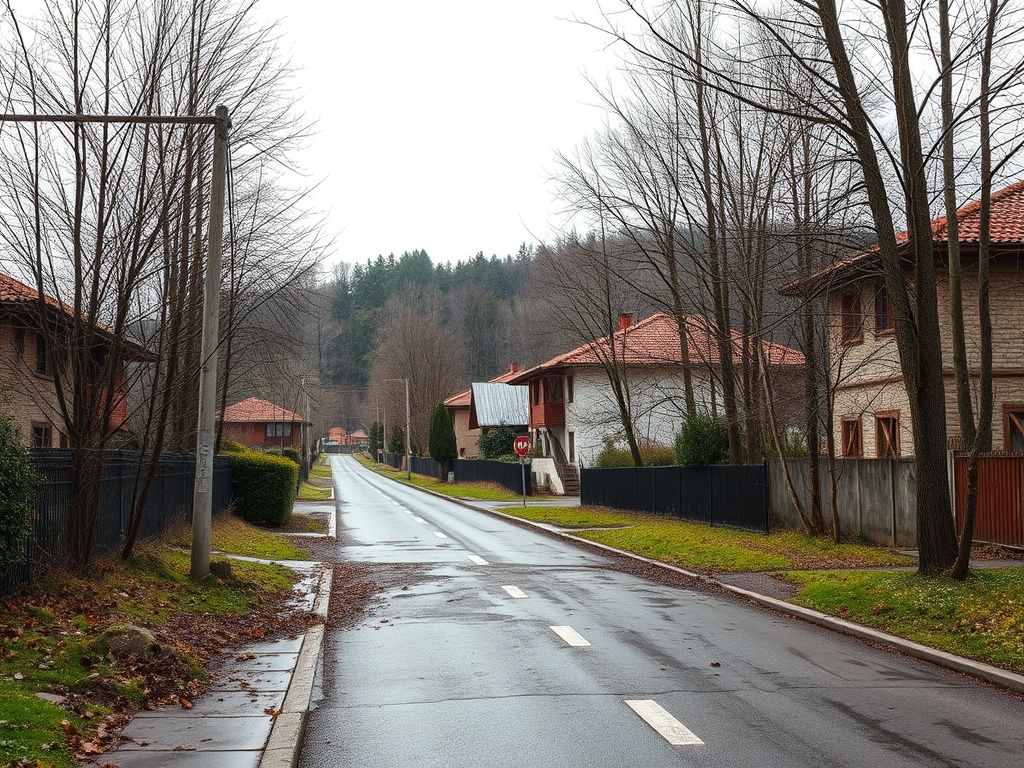 Улица с домами и деревьями, покрытая слоем листвы и дождевой водой, затянутым облаками небом.