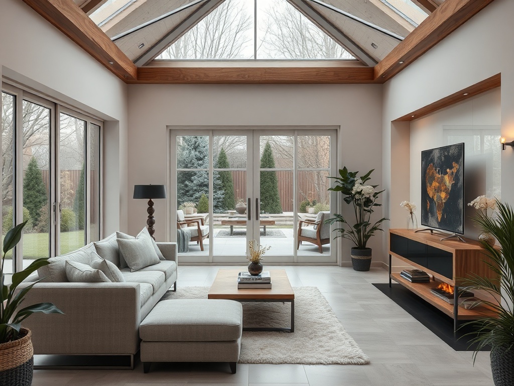 Современный светлый интерьер с большими окнами, удобным диваном и живыми растениями. Пейзаж на улице.