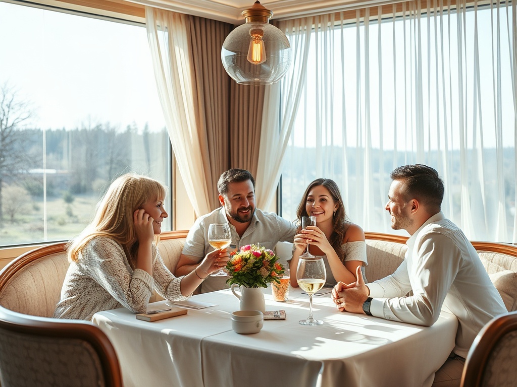 Четыре человека за столом в ресторане, наслаждаются общением и напитками на фоне яркого света.