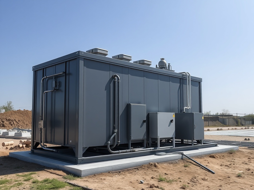 Серый контейнер с трубопроводами на строительной площадке, вокруг участка - неравномерный грунт.