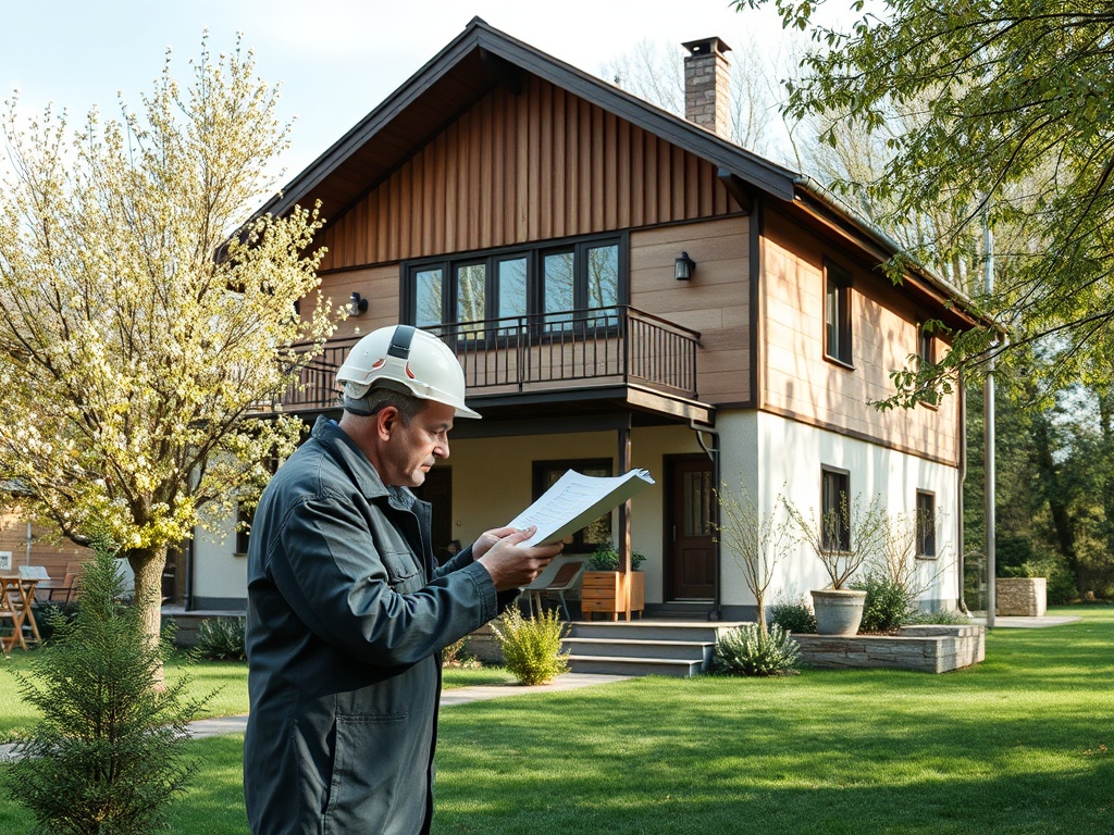 Рабочий в каске изучает документы у современного дома с красивым газоном и цветущими деревьями.