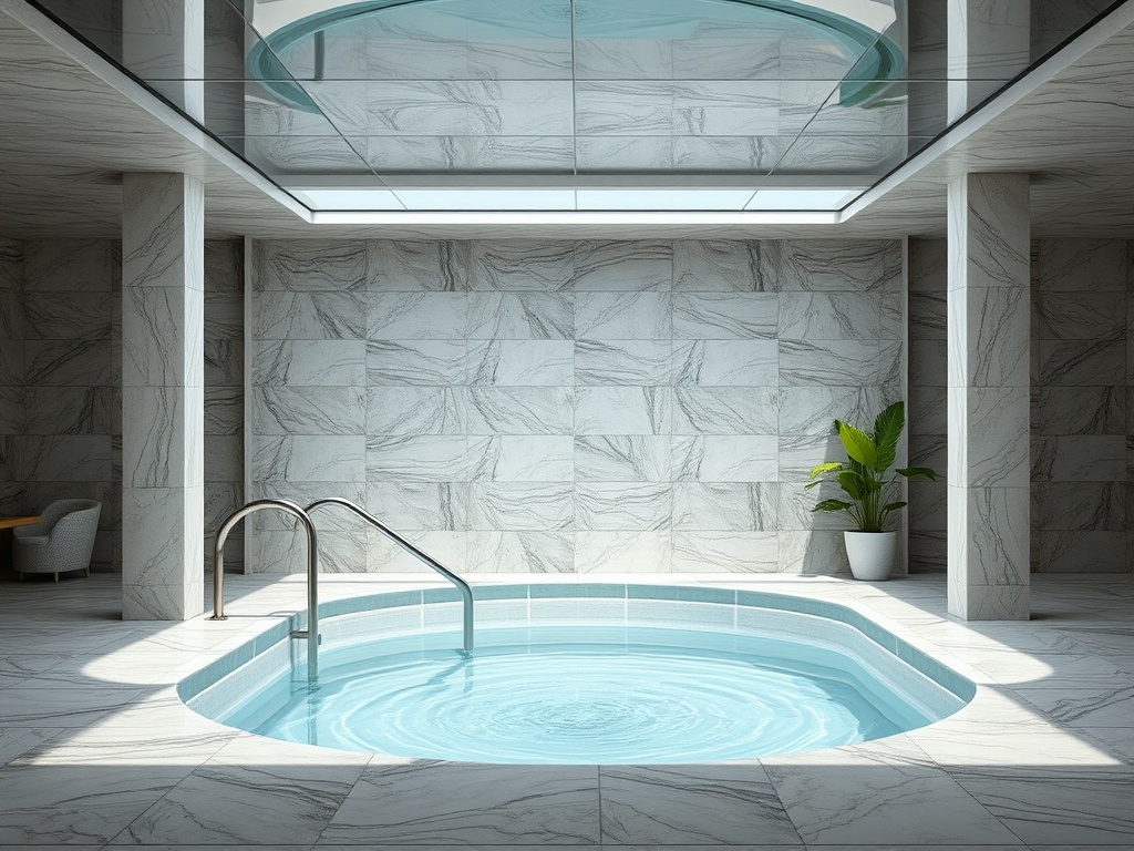 Современный интерьер с круглым бассейном, мраморными стенами и растением в углу комнаты.