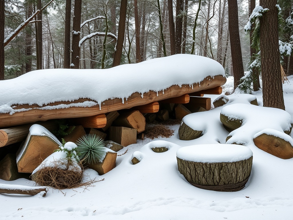 Зима в лесу: снежный покров на пнях и бревнах, среди деревьев. Спокойная, морозная атмосфера природы.
