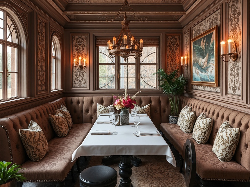 Уютный уголок ресторана с белой скатертью, мягкими диванами и красивой декорацией на стенах.