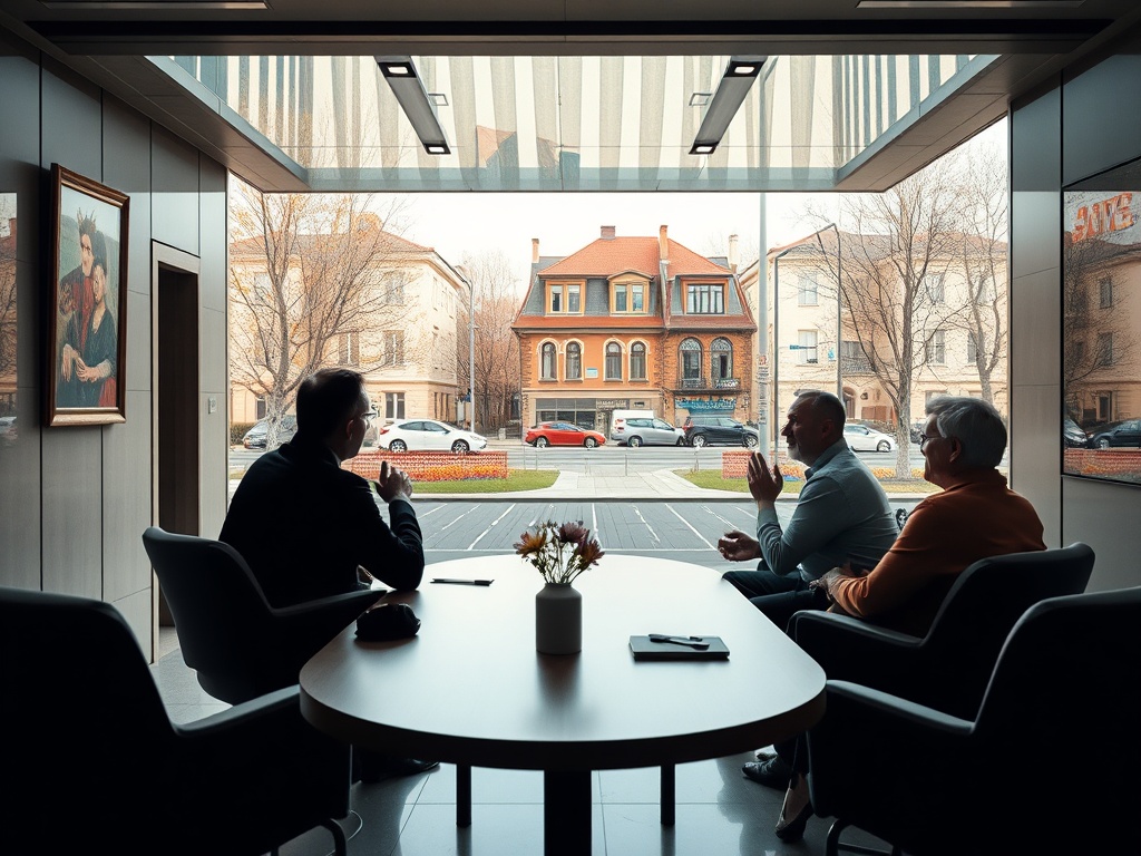 Трое мужчин беседуют в современном офисе с стеклянной панорамой на городской пейзаж.